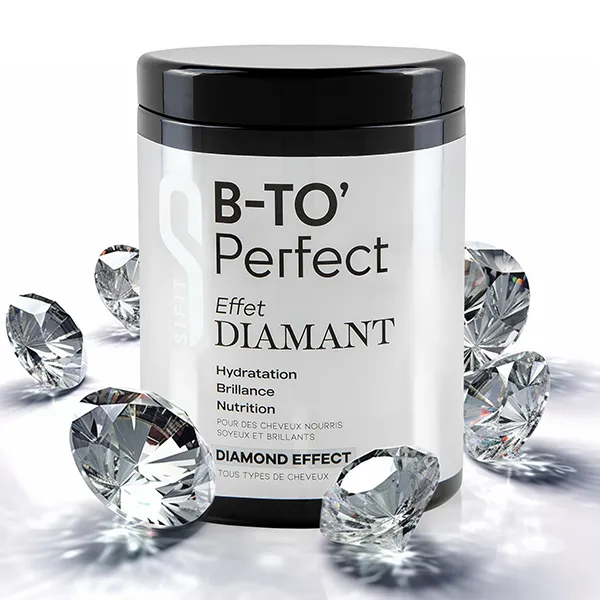 Pot de soin capillaire entouré de diamants sur fond blanc